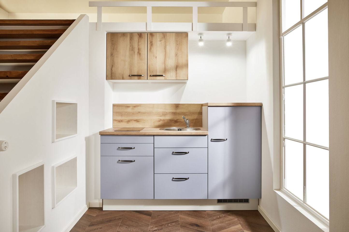 PKW 018012 kitchen unit 180 cm, cupboards in pastel blue I honey oak