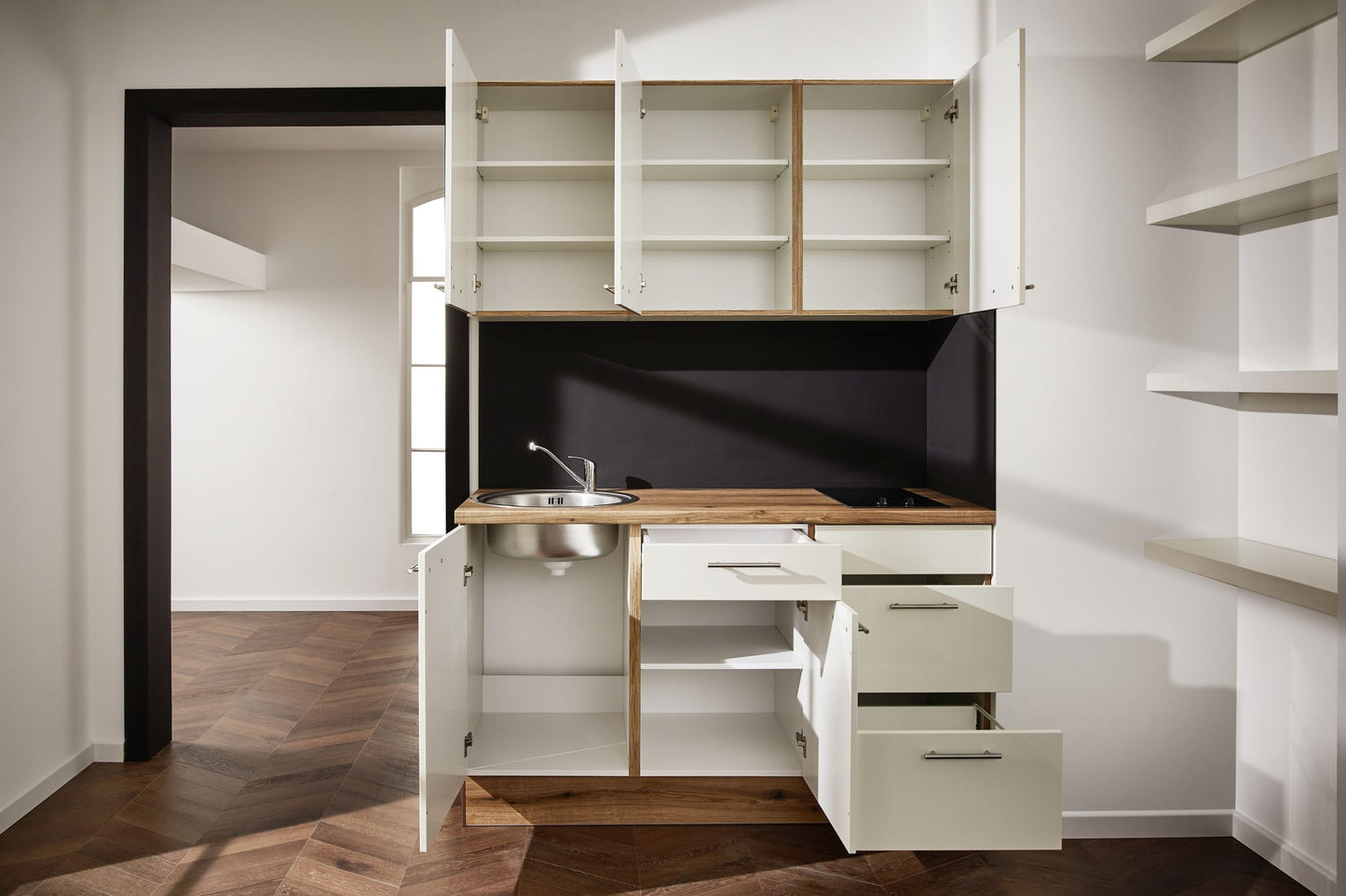 PKW 315017 kitchen unit 150 cm, cupboards in high-gloss magnolia white