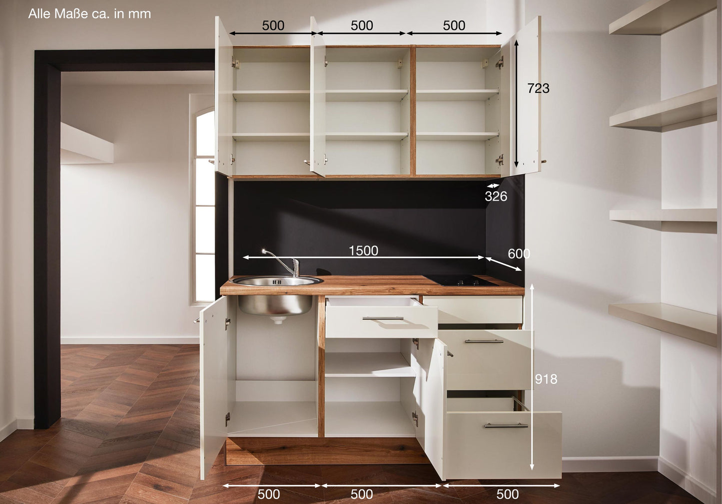 PKW 315017 kitchen unit 150 cm, cupboards in high-gloss magnolia white