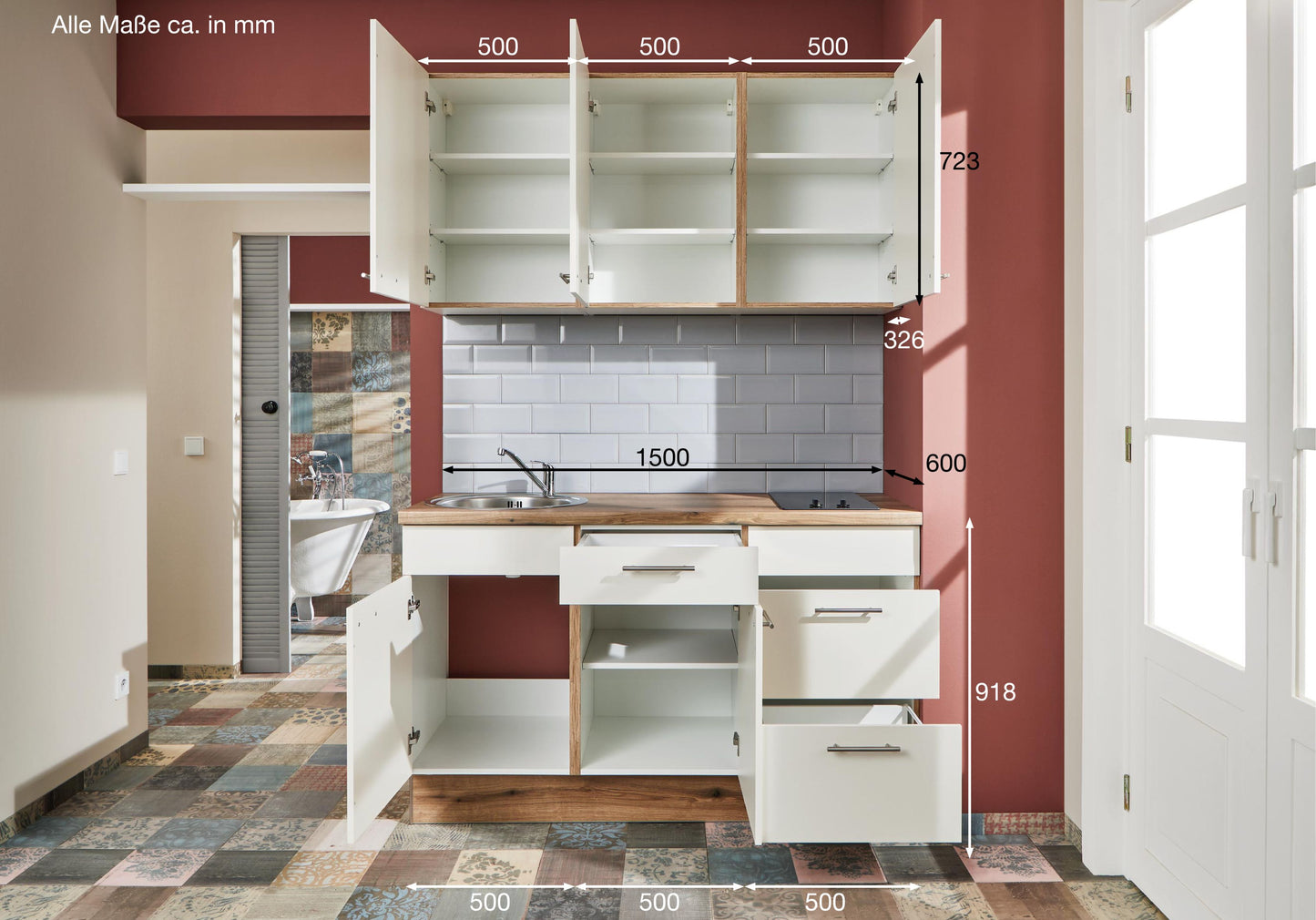 PKW315017-45 kitchen unit 150 cm, cupboards in magnolia white