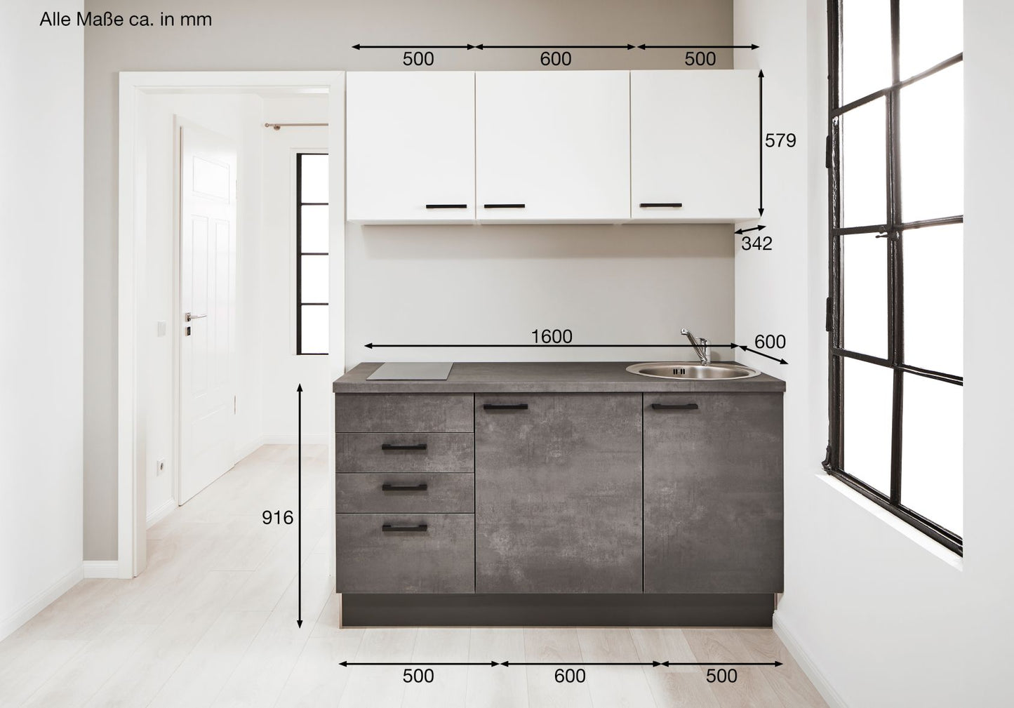 PKW 316001 Küchenzeile 160 cm, Schränke in Weiß, Beton Grafitgrau