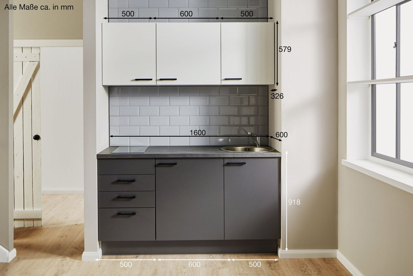 PKW 316007 kitchen unit 160 cm, cupboards in white, graphite