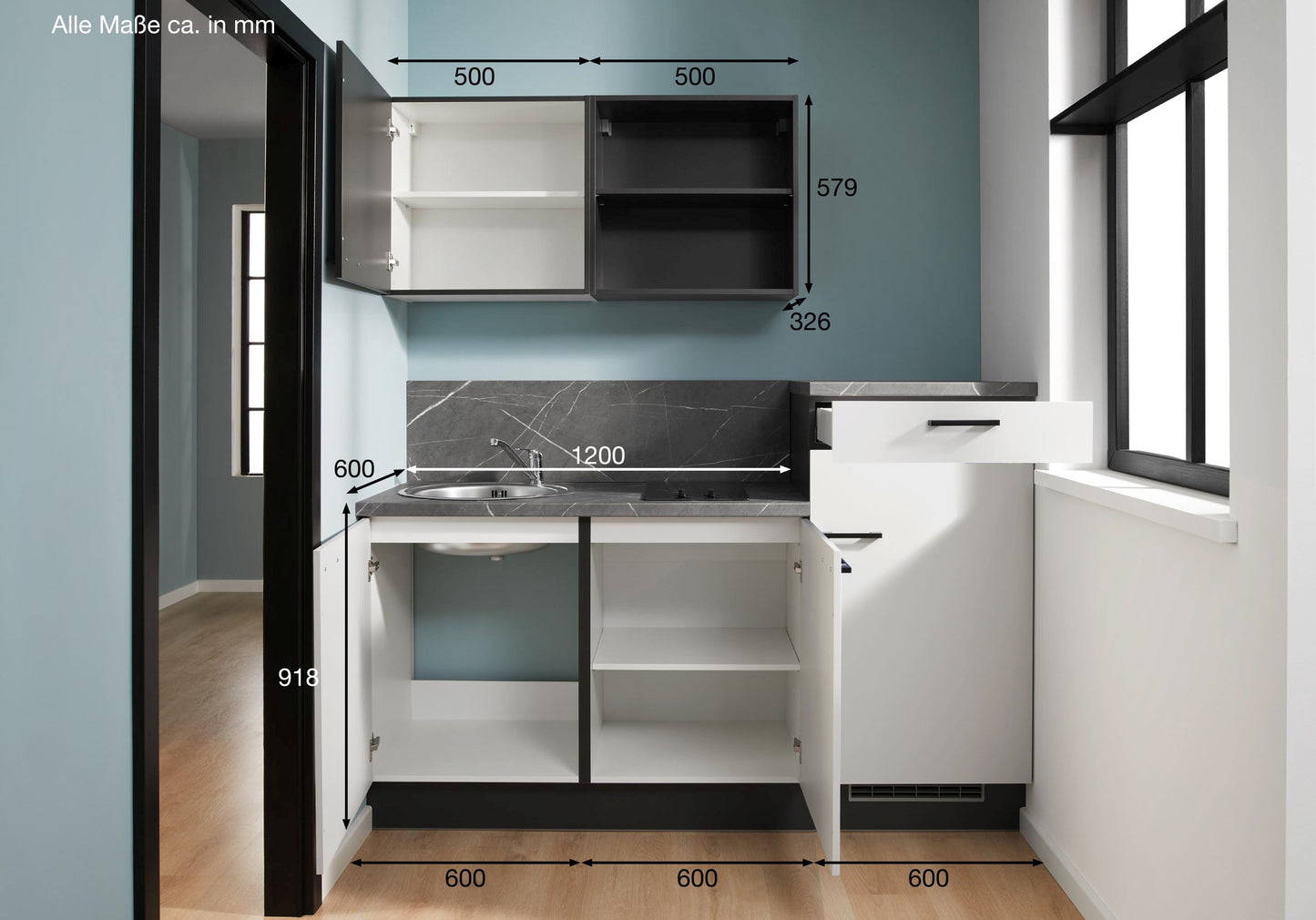 PKW 318011-73 kitchen unit 180 cm, cupboards in light gray / graphite with electrical appliances 