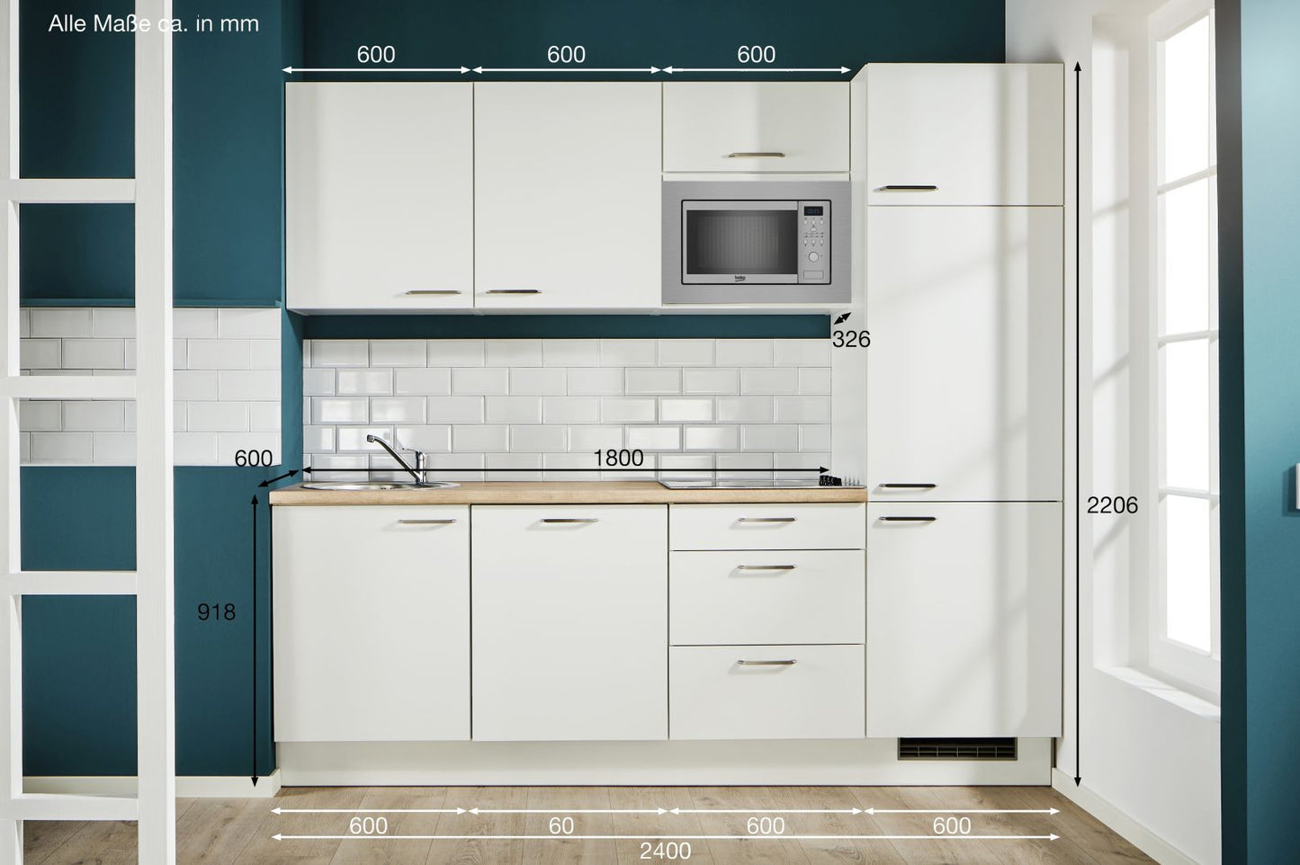 PKW 524014 Küchenzeile 240 cm, Schränke in weiß mit Einbaugeräten