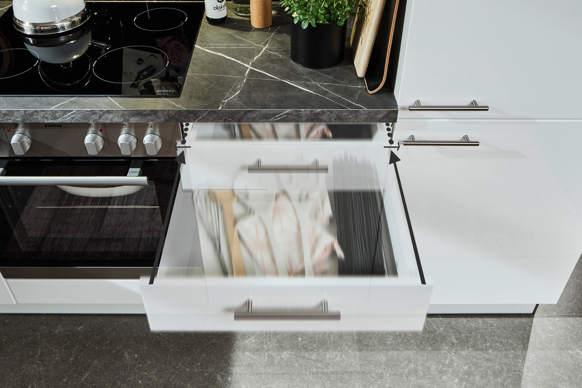 Küchenwinkel 285 x 165 cm, Schränke in Weiß Hochglanz , fertig montiert, Aufbau super-einfach, Komplettküche mit Einbaugeräten, Spüle und Mischbatterie + Ausschnitte für Spüle und Kochfeld Made in Germany