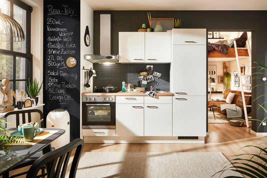 Küchenzeile 220 cm, Schränke in Weiß, fertig montiert, Aufbau super-einfach, Komplettküche mit Einbaugeräten, Spüle und Mischbatterie + Ausschnitte für Spüle und Kochfeld
